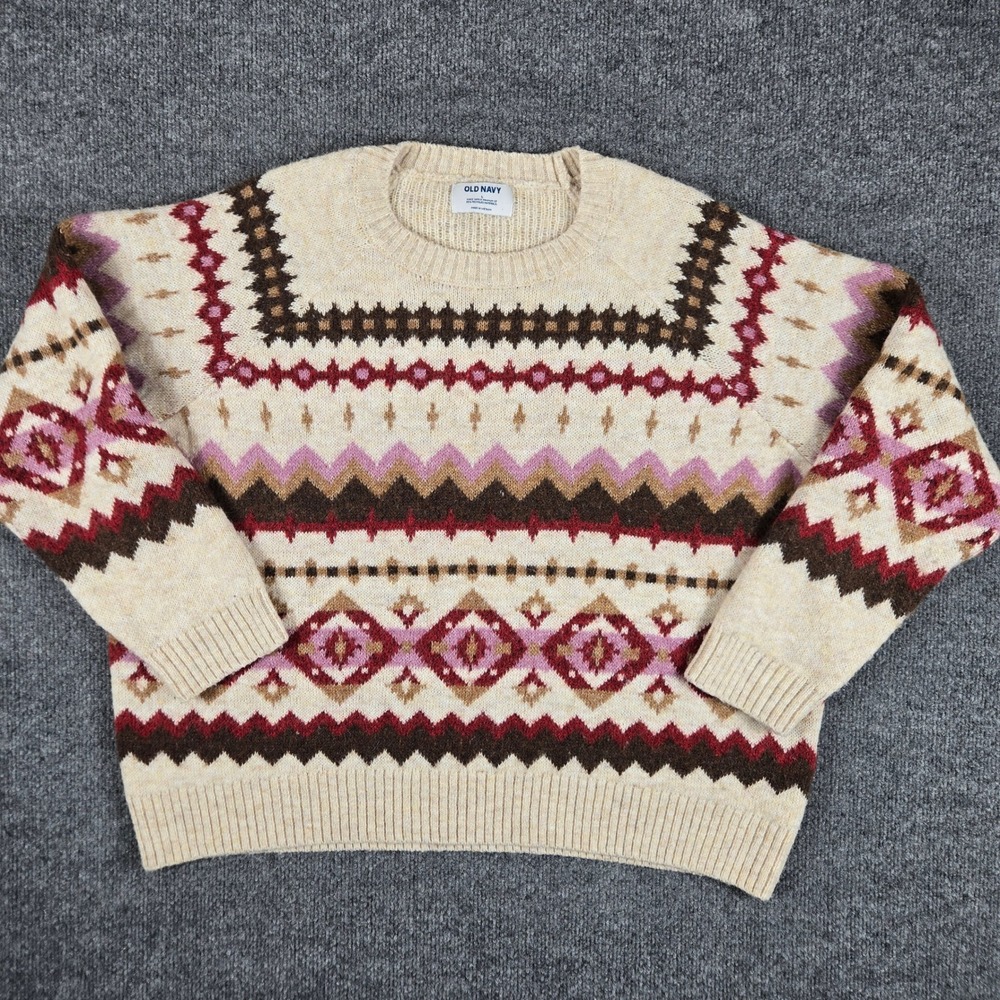 Old Navy Fair Isle Sweater Womens Large Cream Pink Geometric Wool Blend Knit